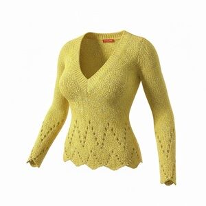 Excellent Yellow Wool Cashmere Blend V-Neck Knit Sweater Scalloped Hem
